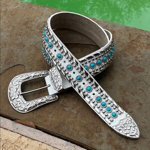 Silver turquoise white leather Western Belt with Turquoise white, leather, sz M